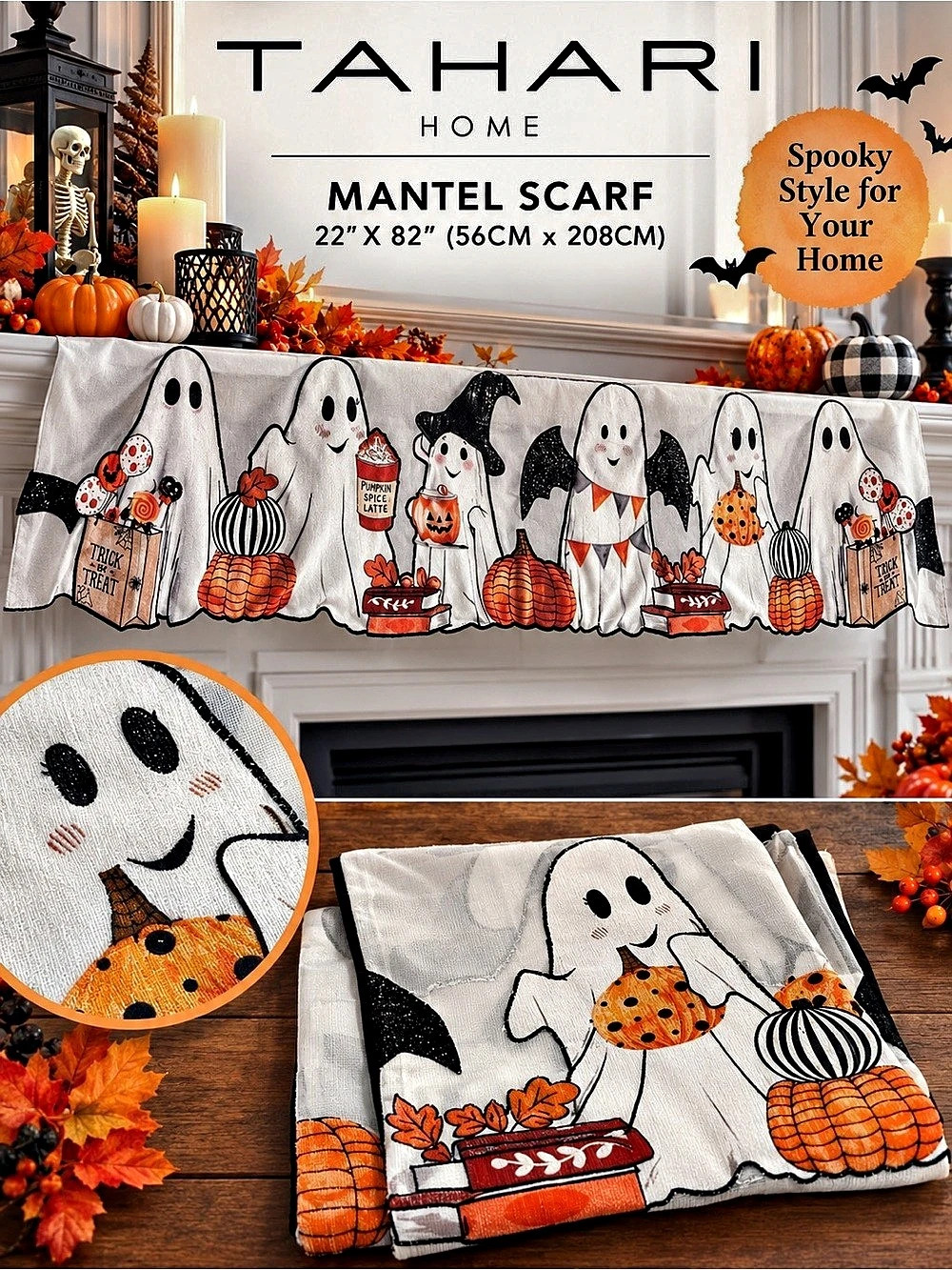Tahari Home Halloween Ghost Mantel Scarf White & Black